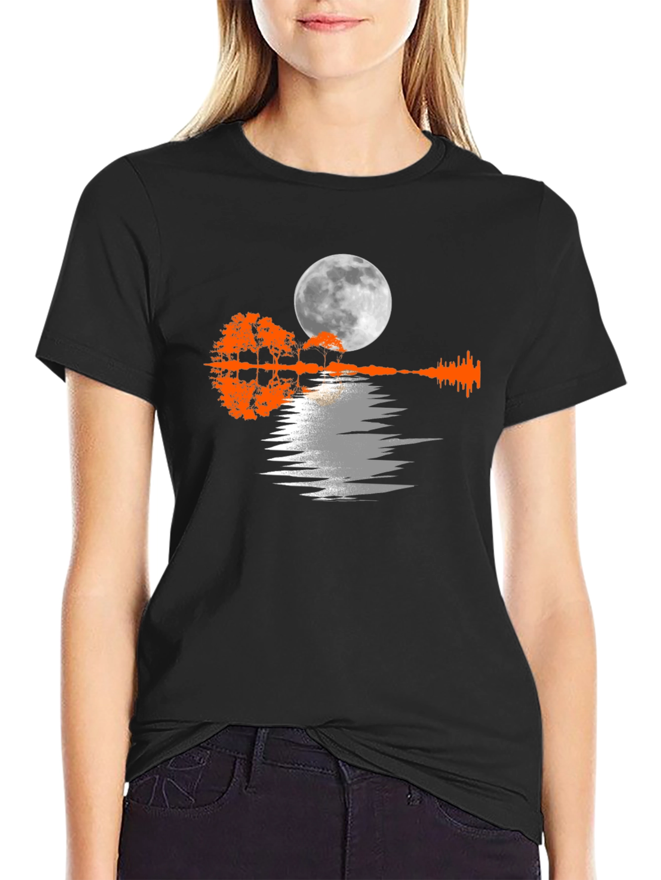 Moonlit Guitar Trees Black Tee
