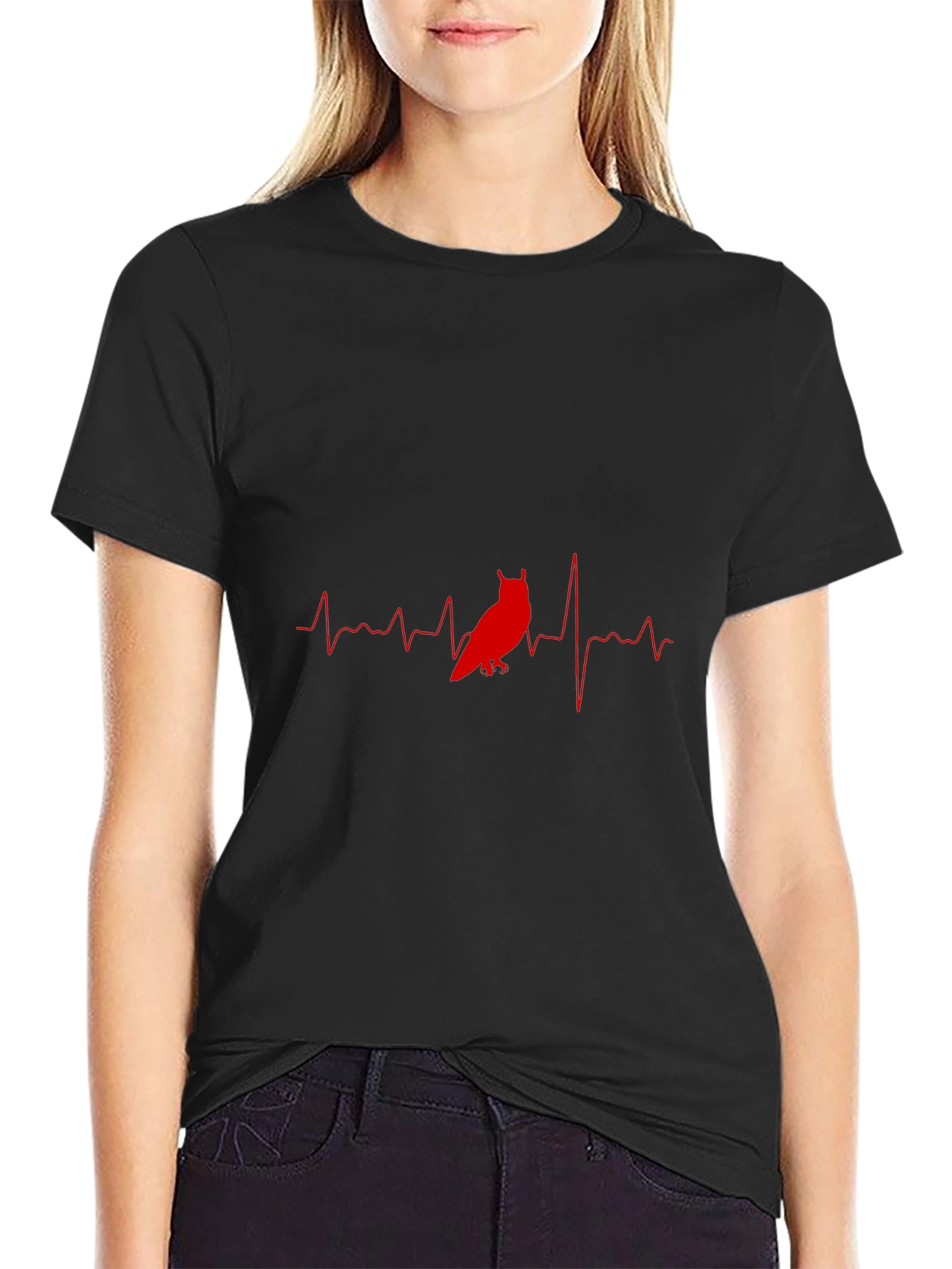 Owl Heartbeat Graphic T-Shirt - Black Cotton Tee