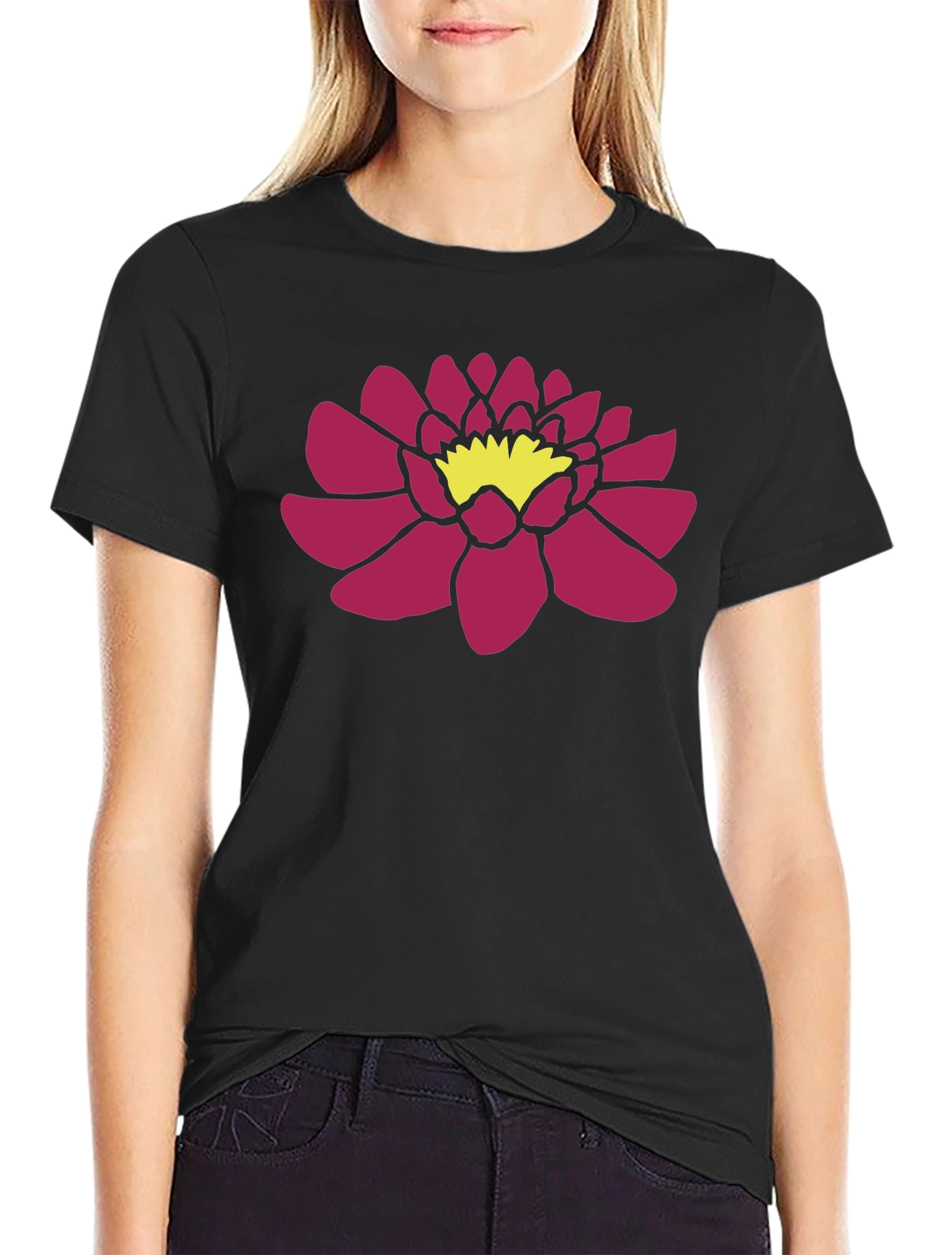 Black T-Shirt with Pink Lotus Flower Graphic
