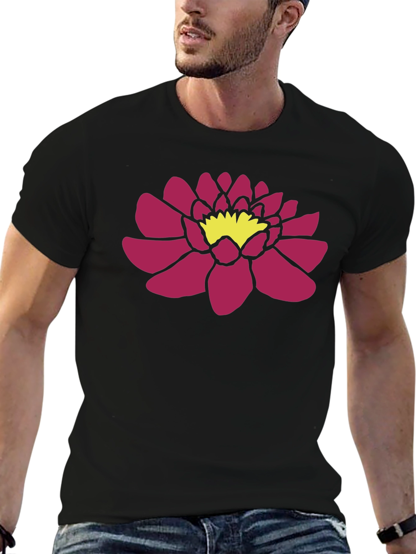 Black T-Shirt with Pink Lotus Flower Graphic