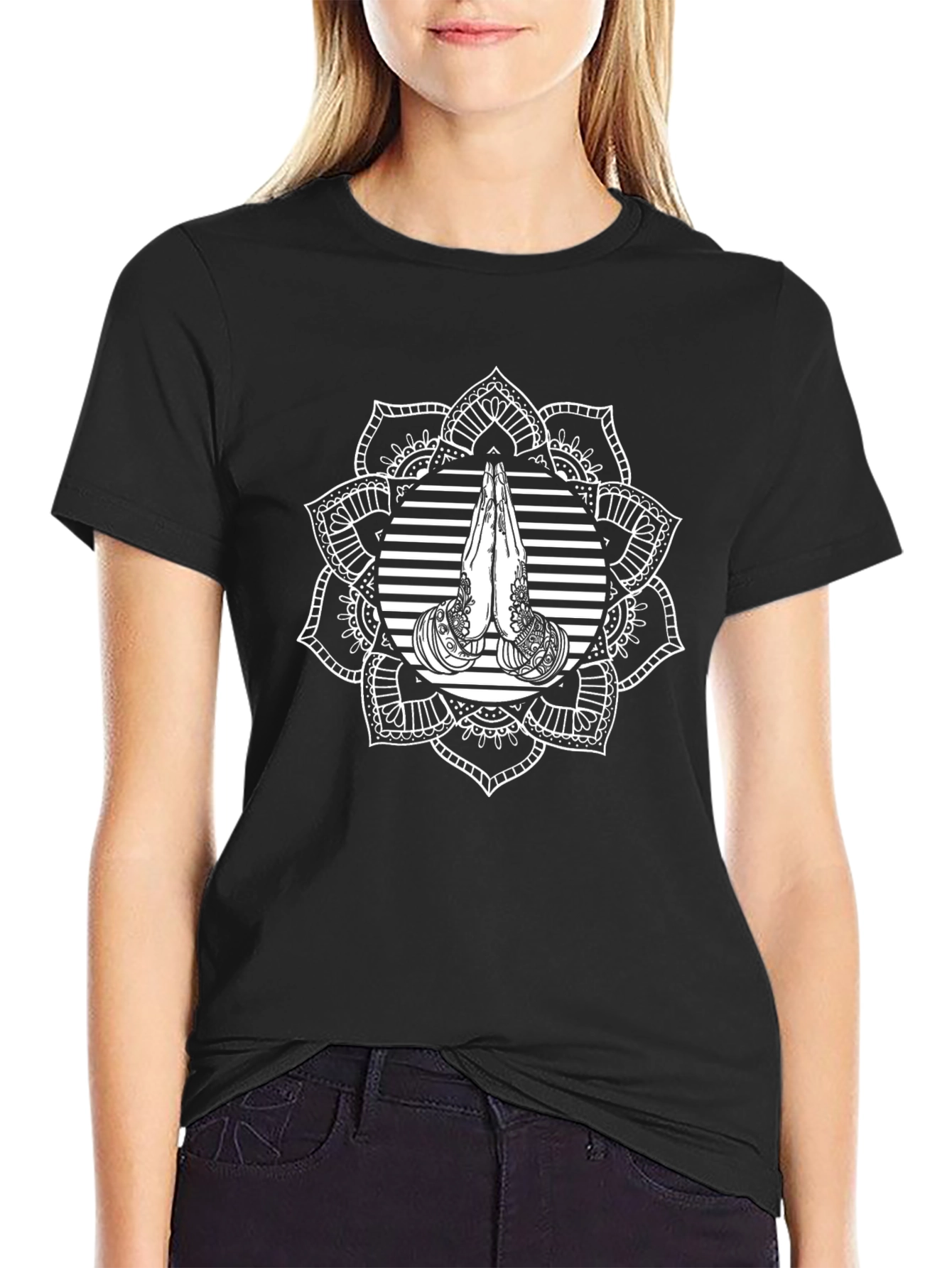 Mandala Prayer Graphic Black T-Shirt