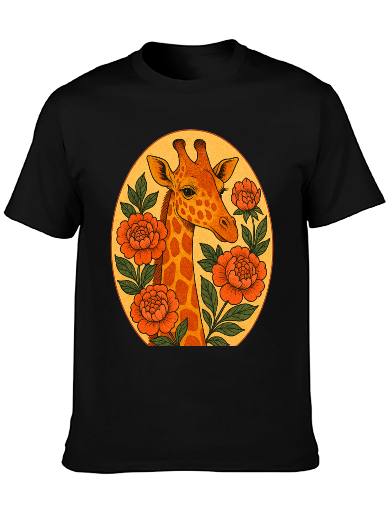 Giraffe and Flowers Black Graphic T-Shirt