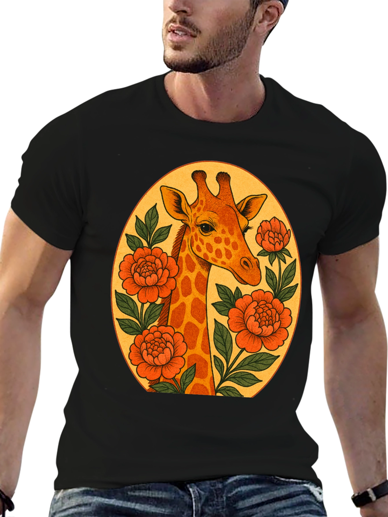 Giraffe and Flowers Black Graphic T-Shirt