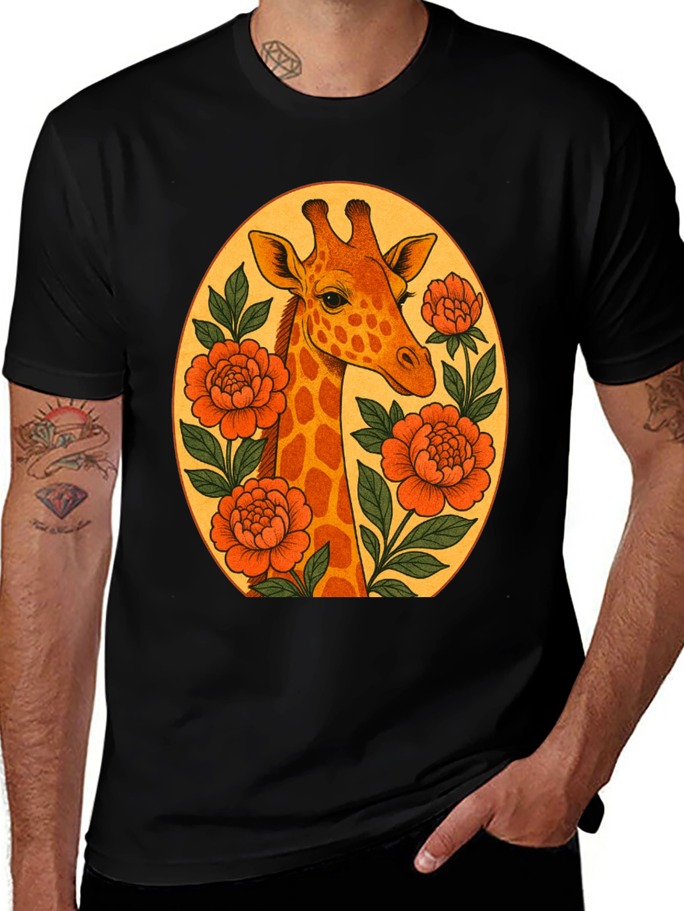 Giraffe and Flowers Black Graphic T-Shirt