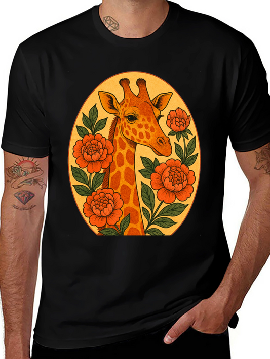 Giraffe and Flowers Black Graphic T-Shirt
