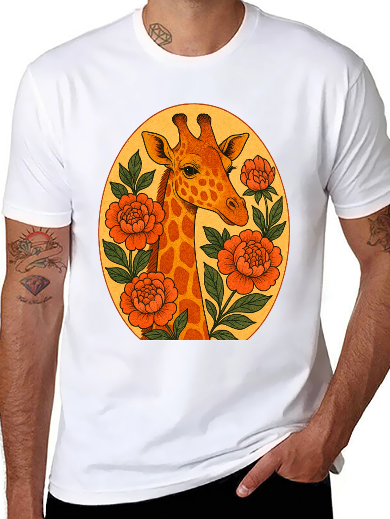Giraffe and Flowers Black Graphic T-Shirt