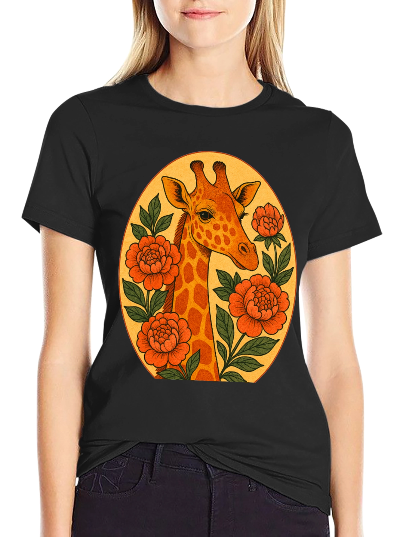 Giraffe and Flowers Black Graphic T-Shirt