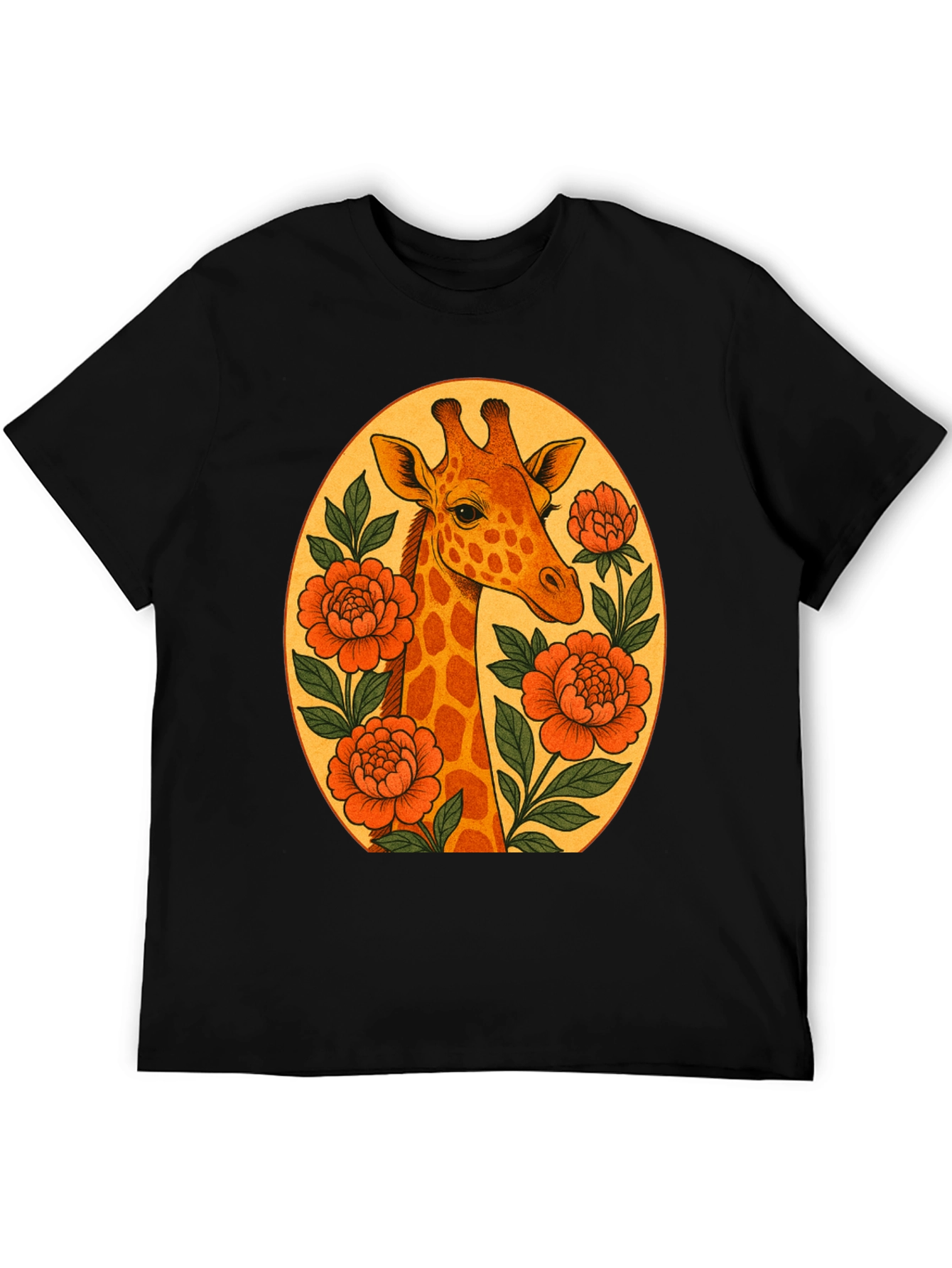 Giraffe and Flowers Black Graphic T-Shirt