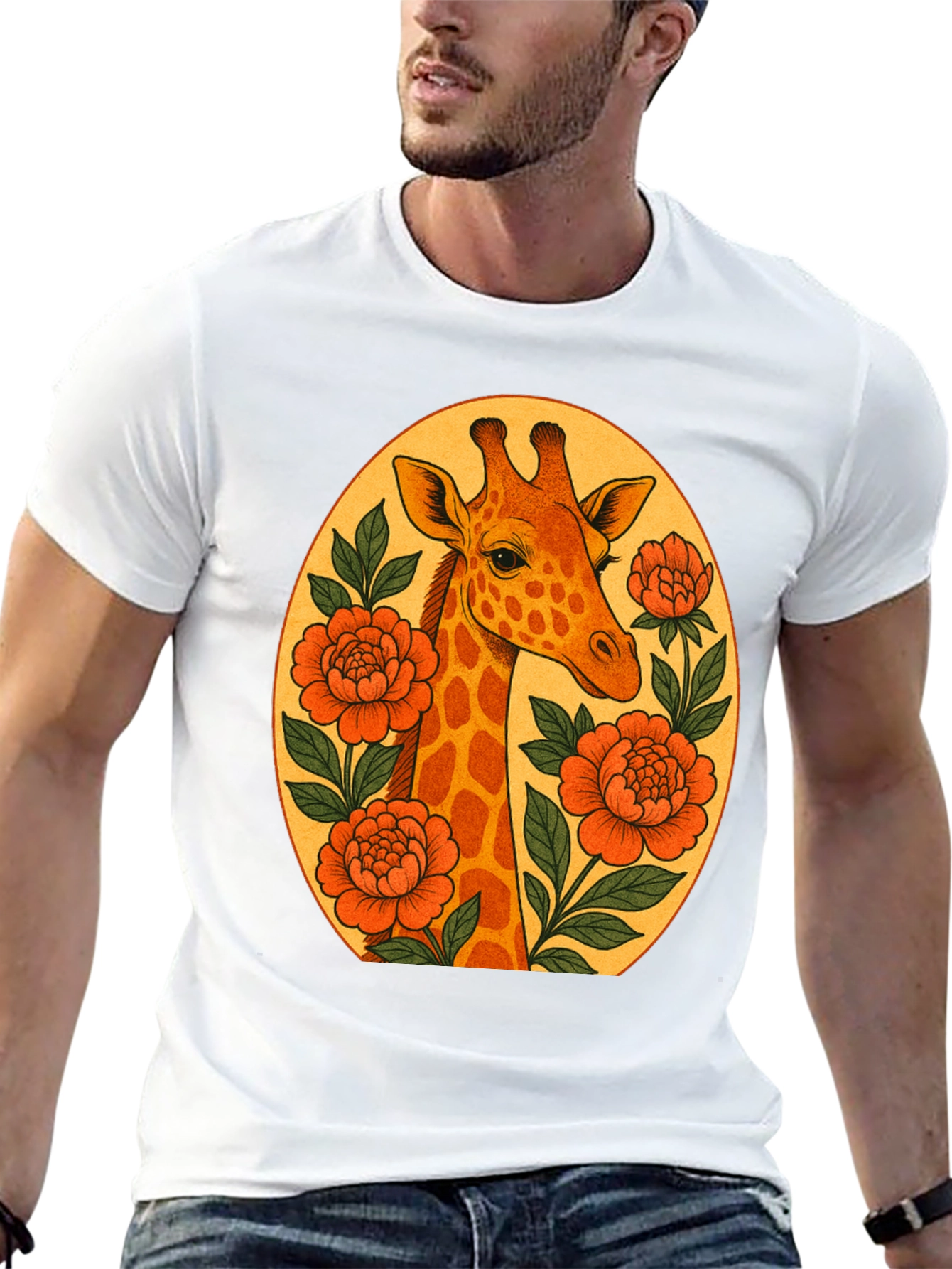 Giraffe and Flowers Black Graphic T-Shirt