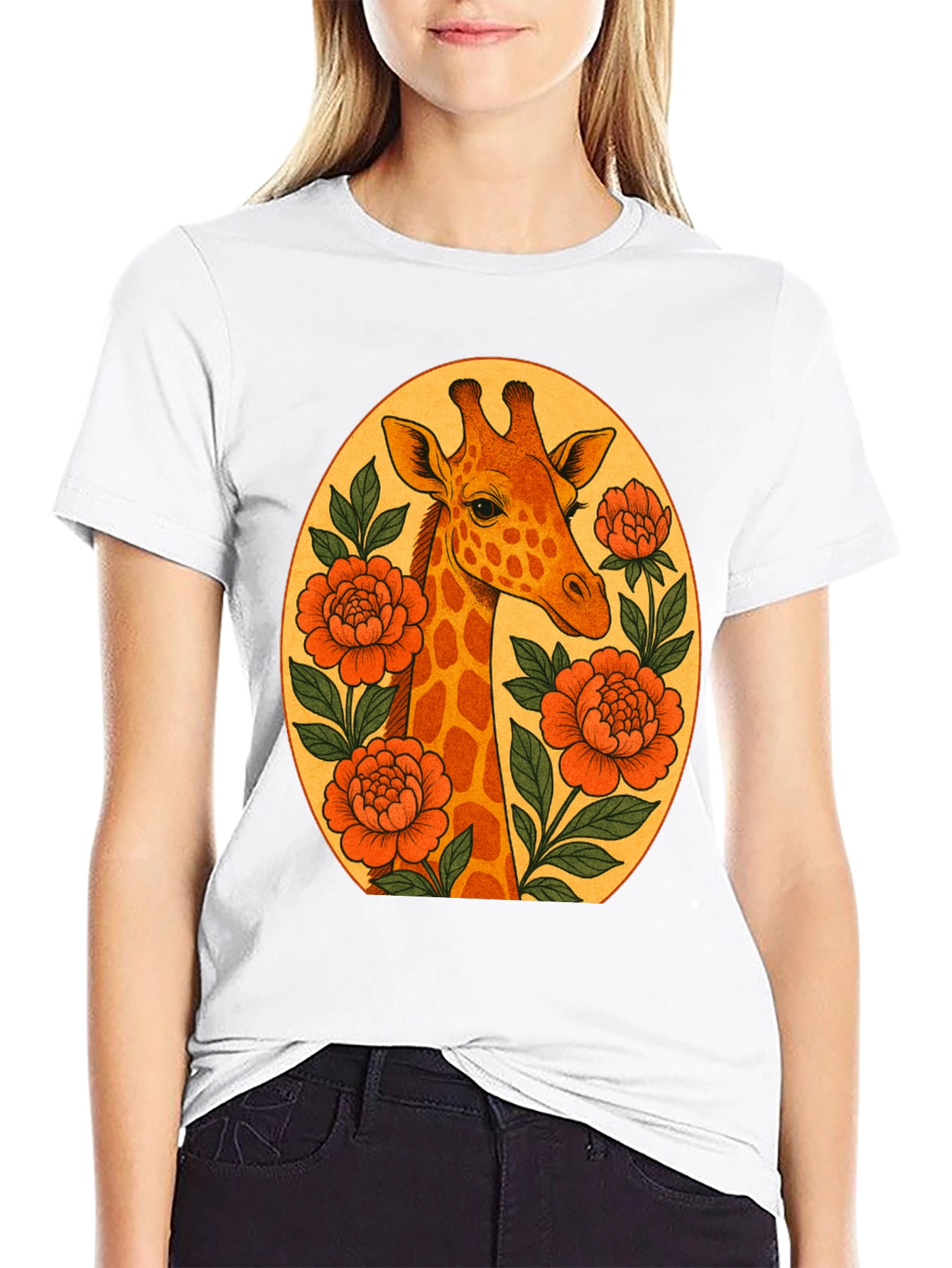 Giraffe and Flowers Black Graphic T-Shirt