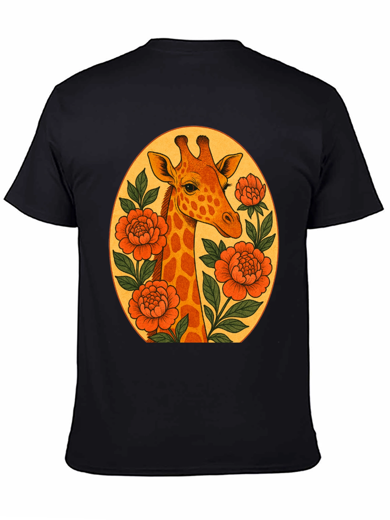Giraffe and Flowers Black Graphic T-Shirt