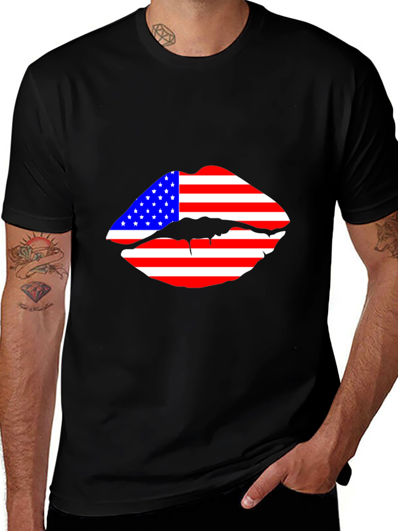 American Flag Lips Black T-Shirt