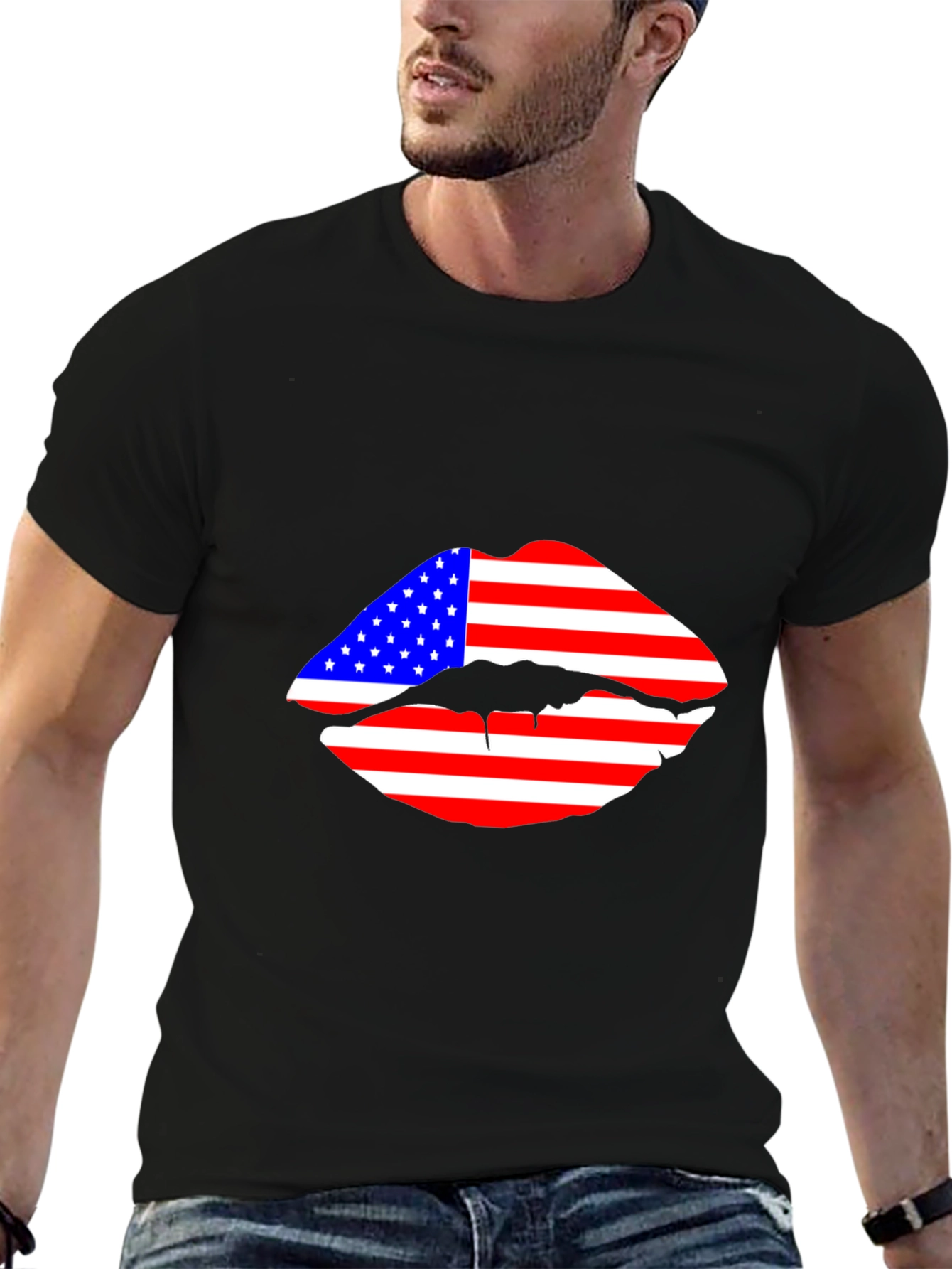 American Flag Lips Black T-Shirt