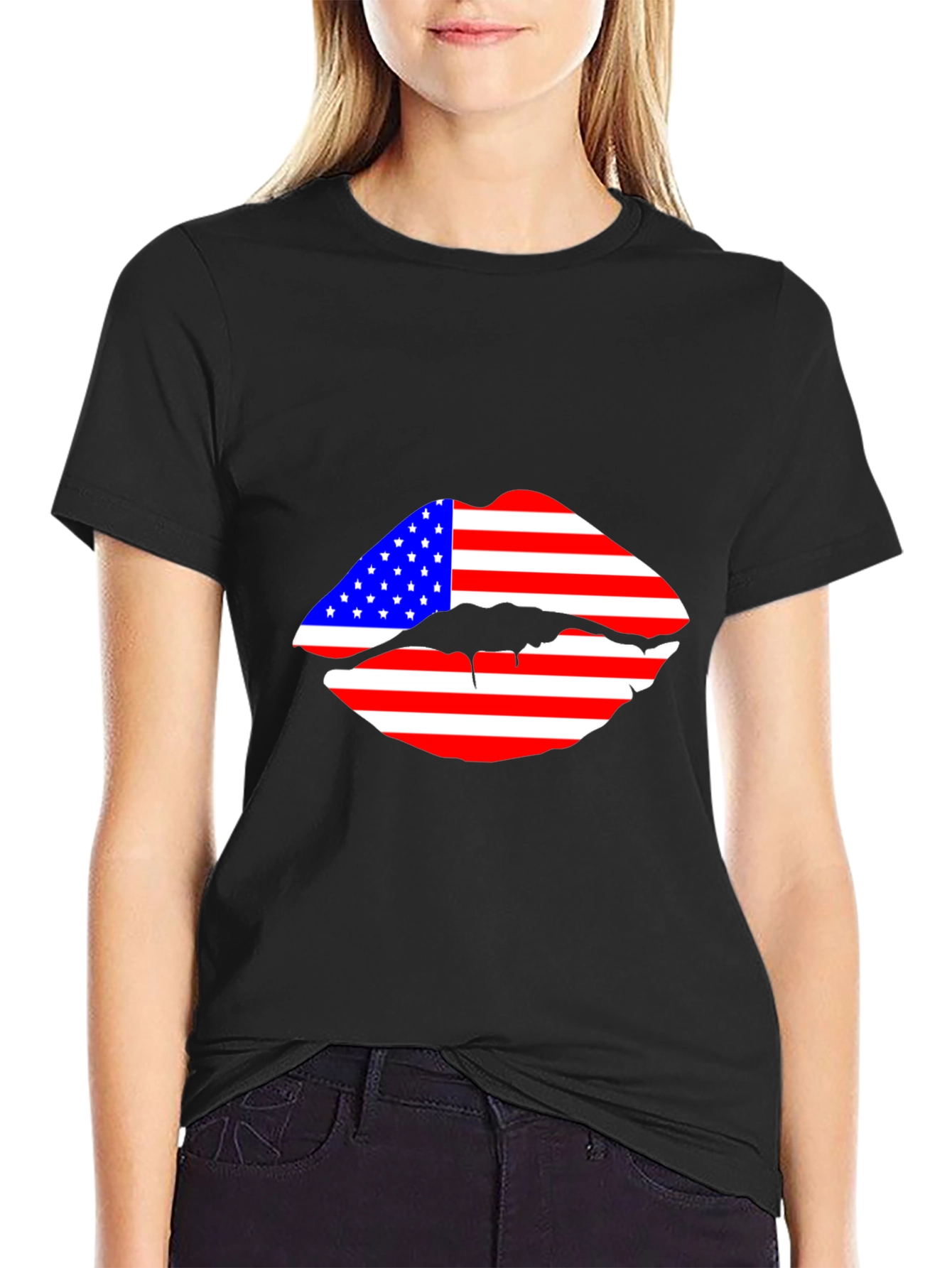 American Flag Lips Black T-Shirt