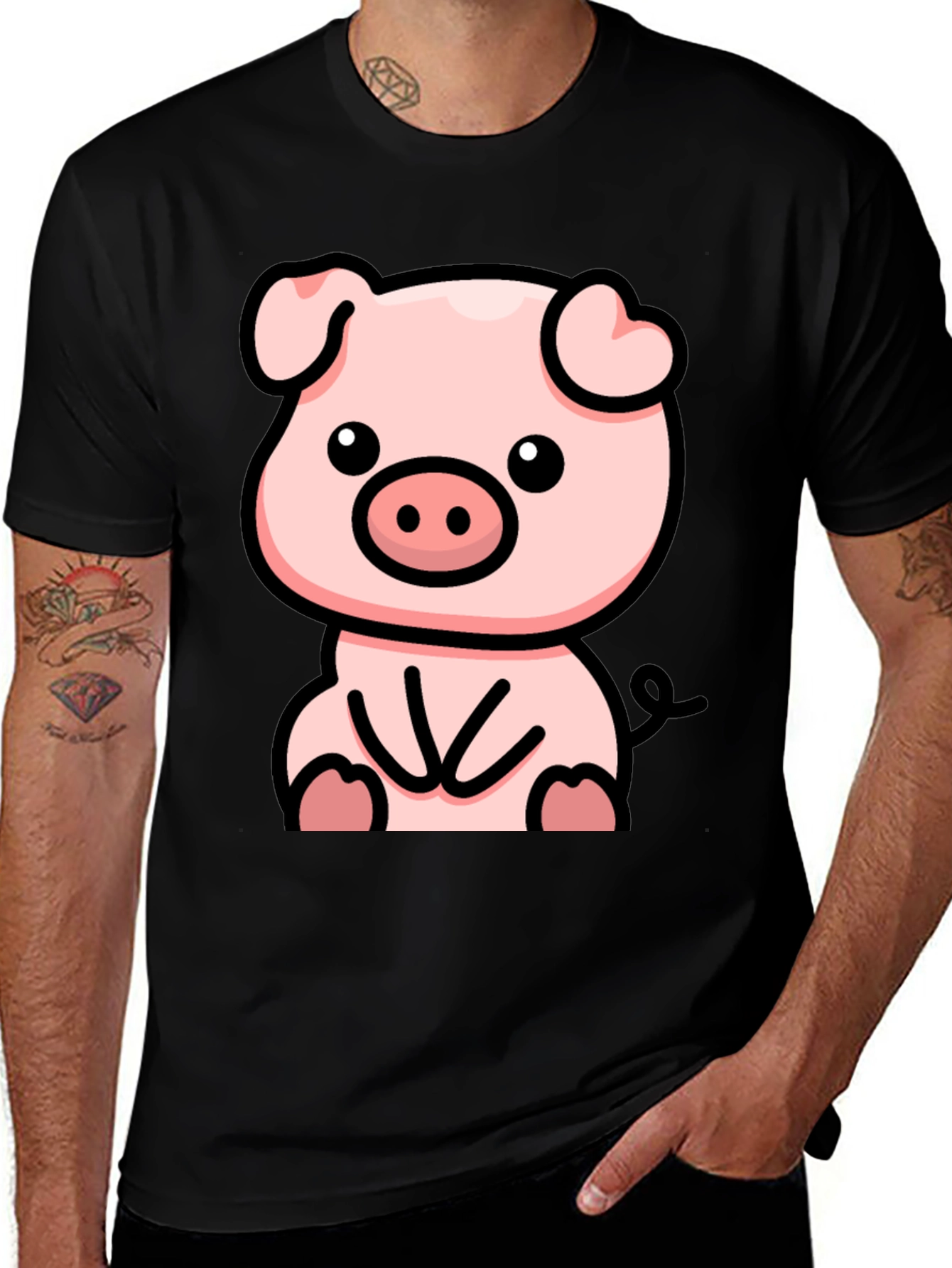 Cute Cartoon Pig Black T-Shirt