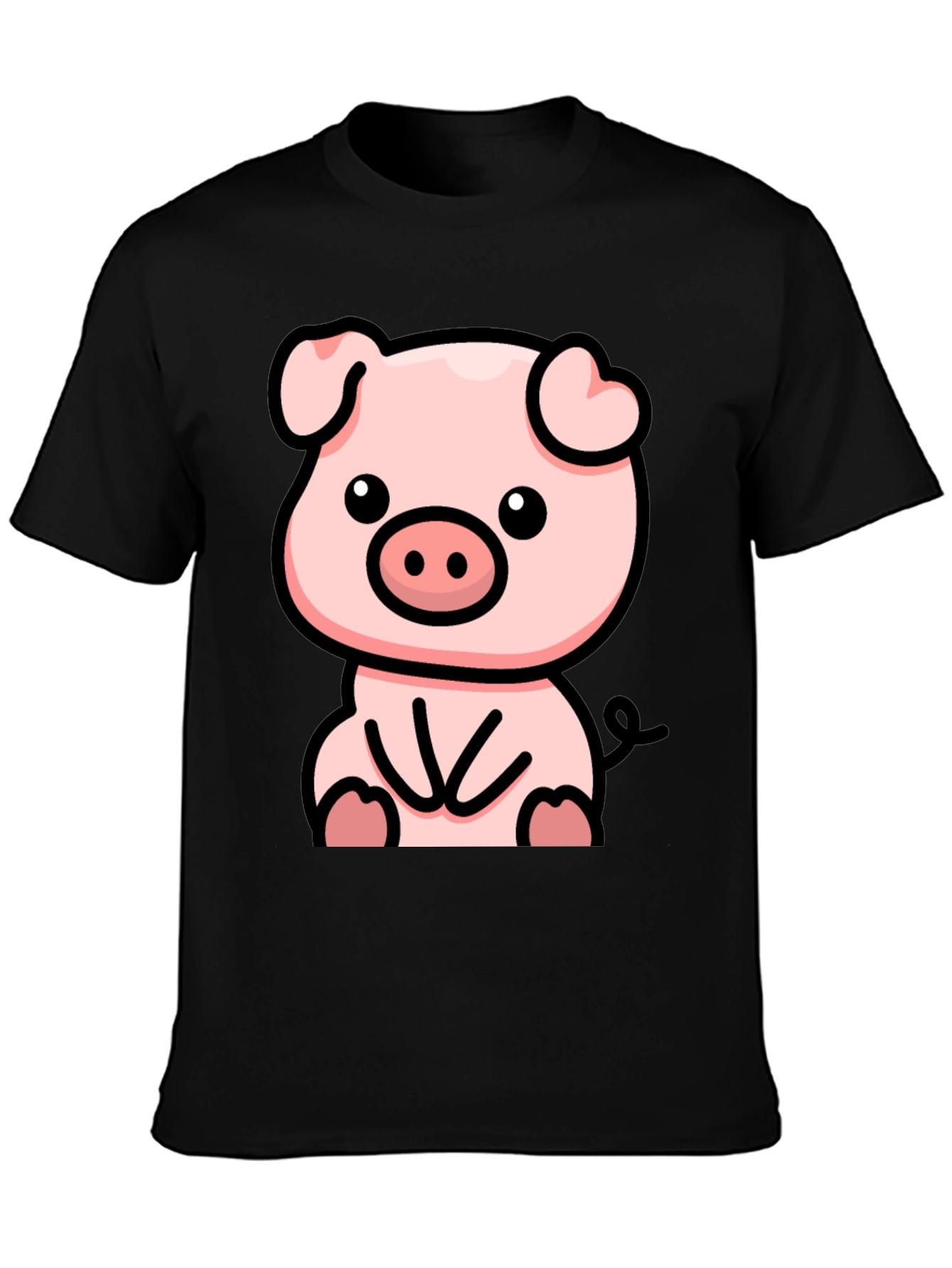 Cute Cartoon Pig Black T-Shirt