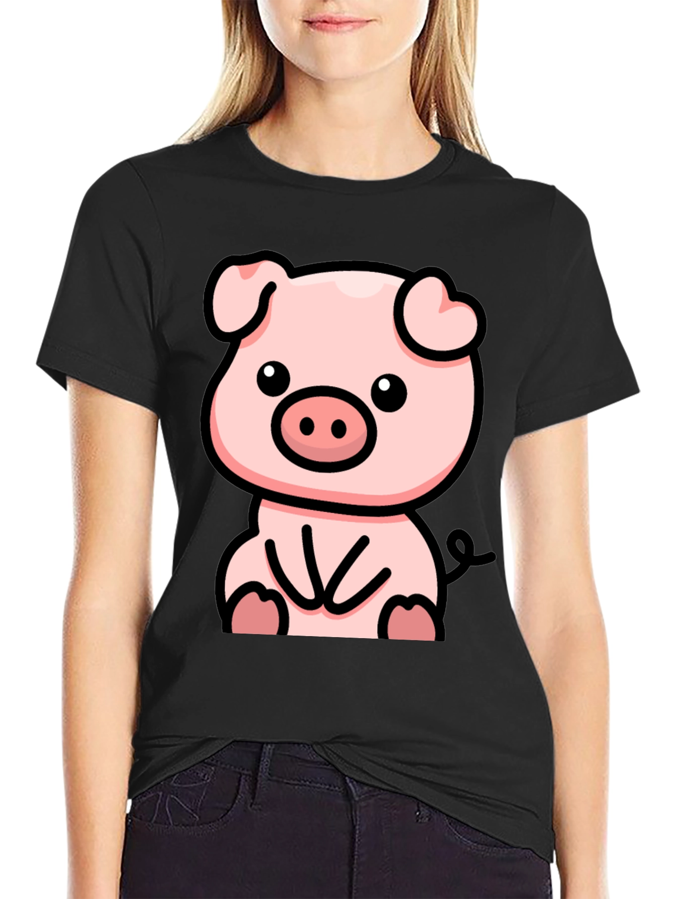 Cute Cartoon Pig Black T-Shirt