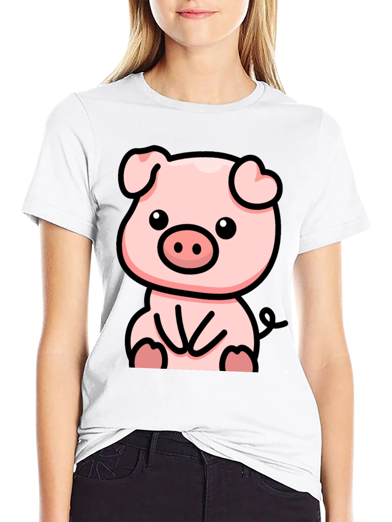 Cute Cartoon Pig Black T-Shirt