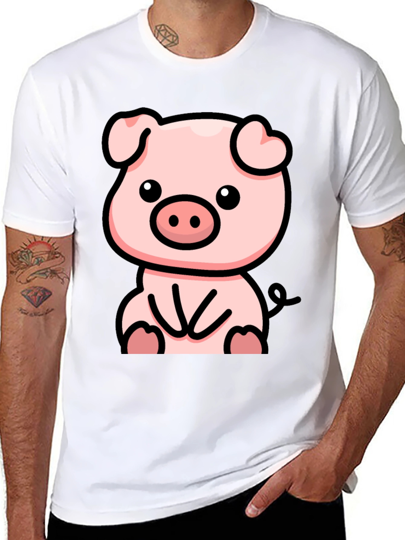 Cute Cartoon Pig Black T-Shirt