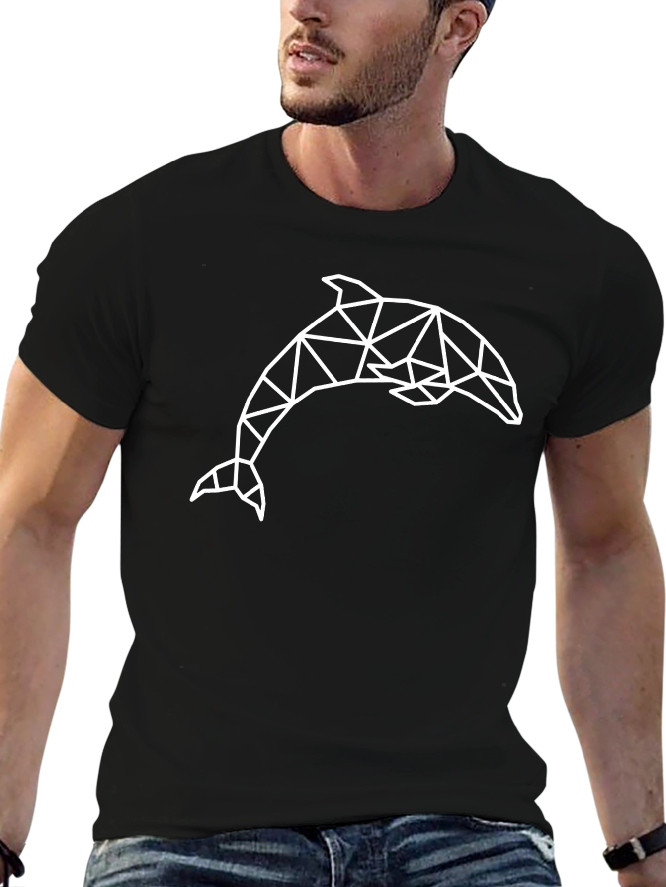 Geometric Dolphin Graphic Black Tee Shirt