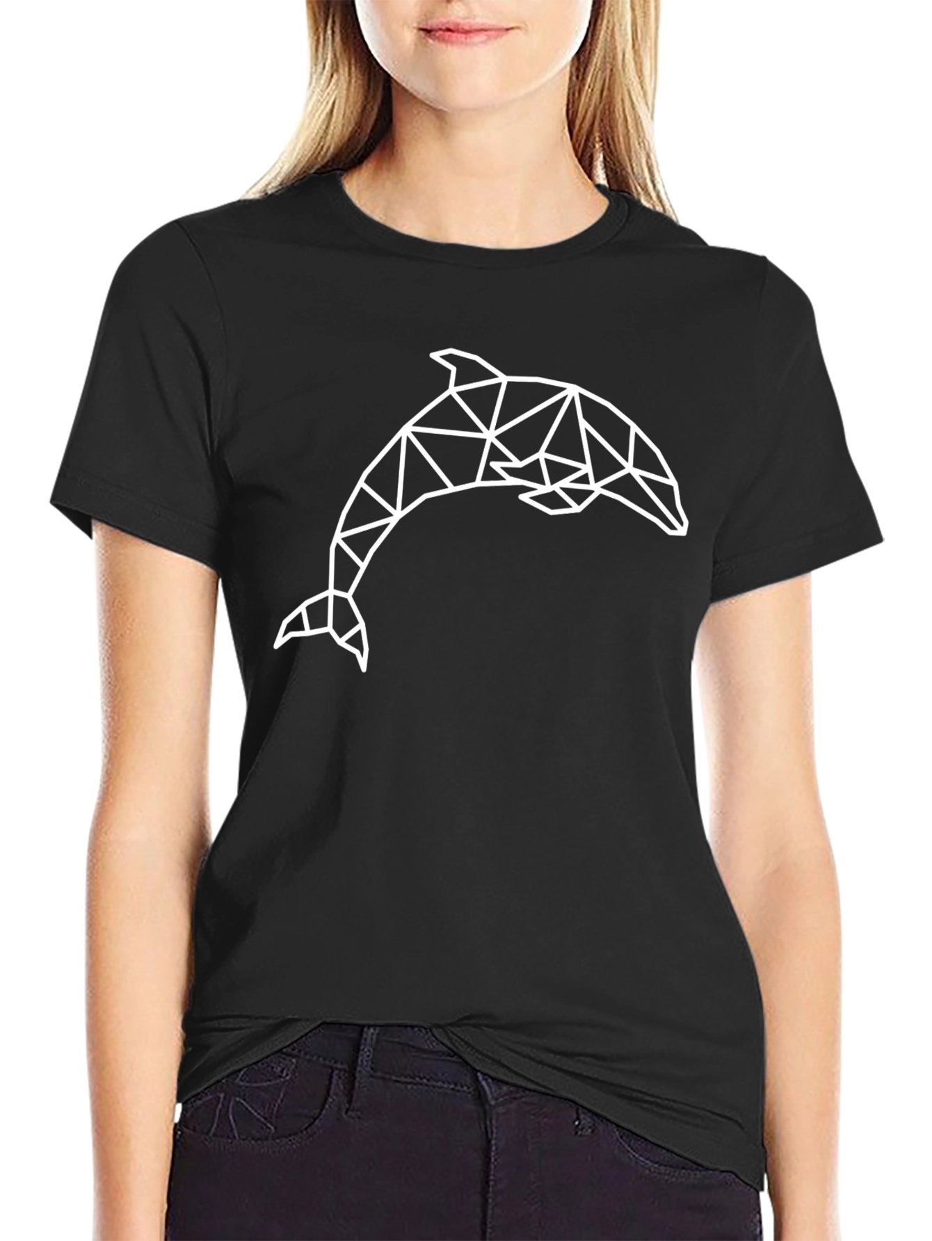 Geometric Dolphin Graphic Black Tee Shirt