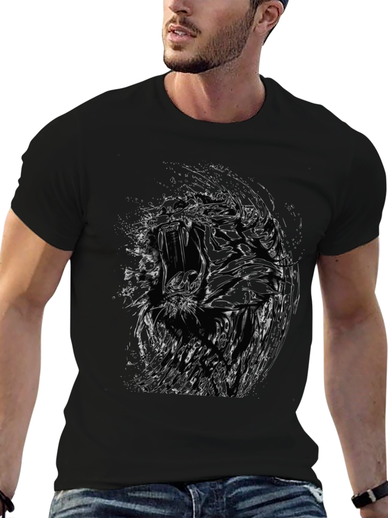 Abstract Tiger Graphic Black Crew Neck T-Shirt