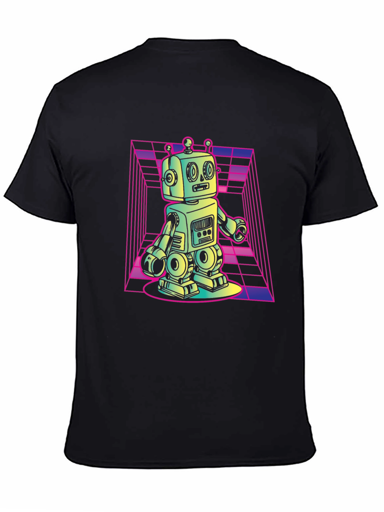 Retro Robot Graphic Tee - Black Cotton T-Shirt