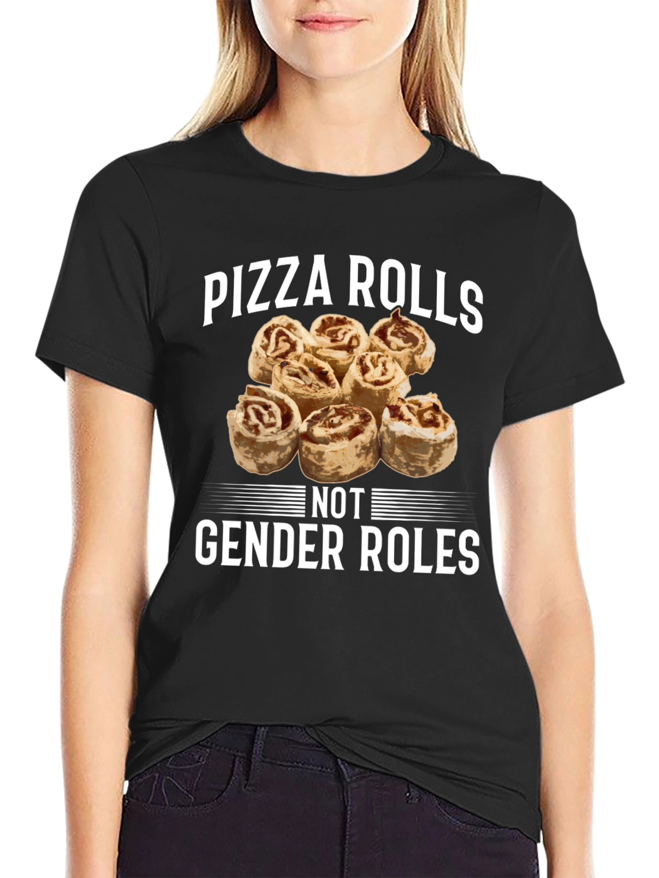 Pizza Rolls Not Gender Roles Black T-Shirt