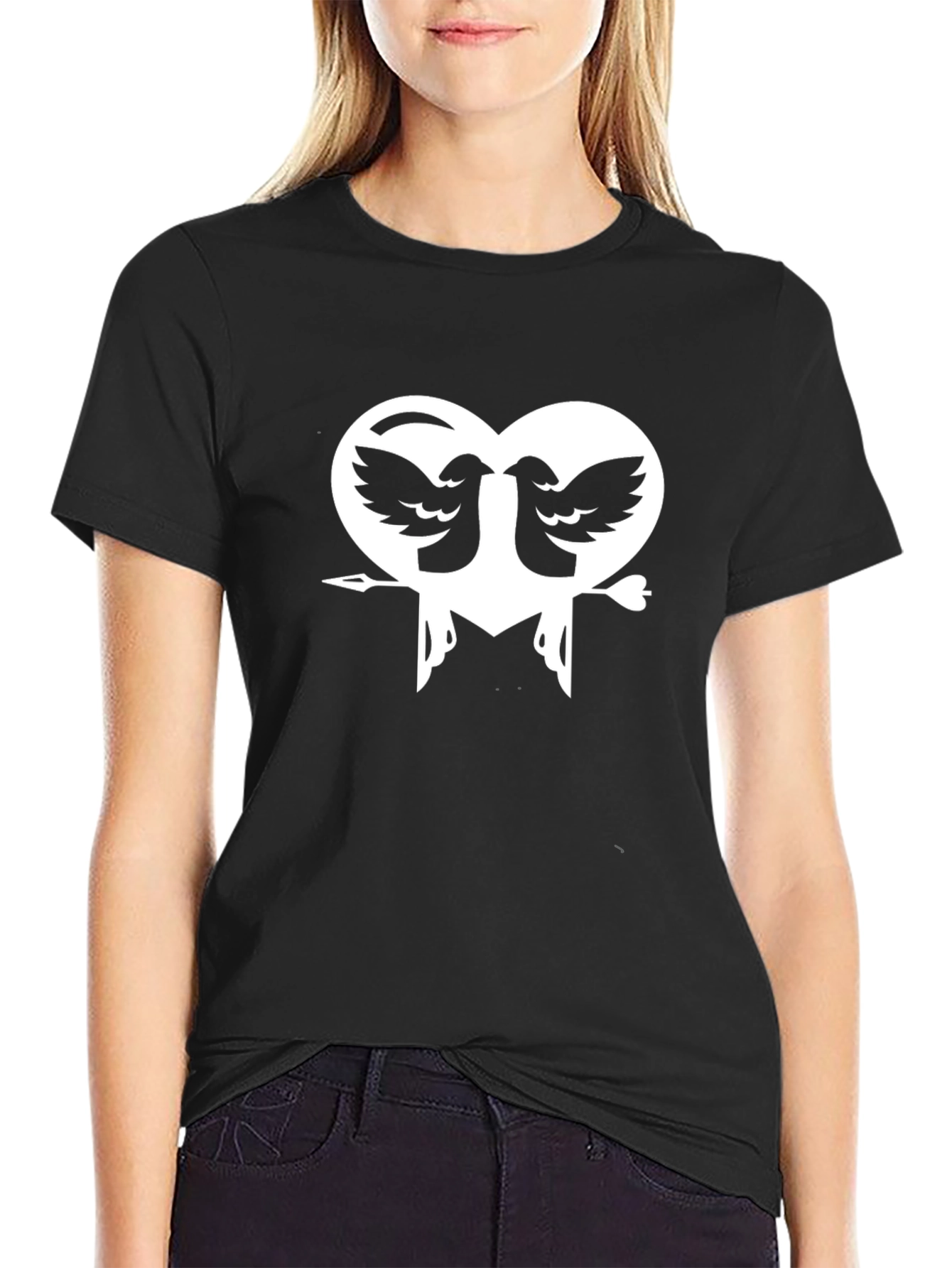 Heart Birds Graphic Print Black T-Shirt