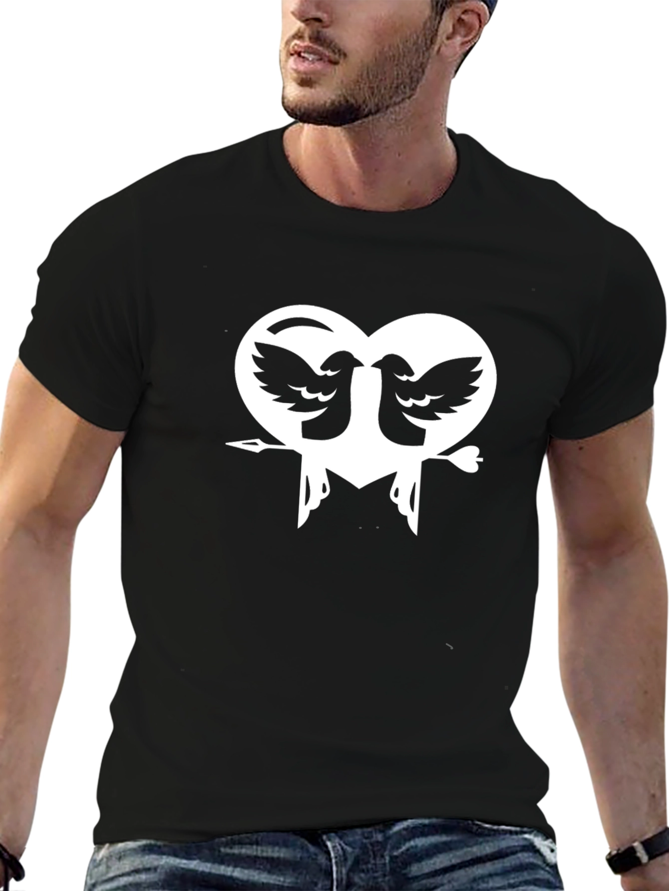 Heart Birds Graphic Print Black T-Shirt