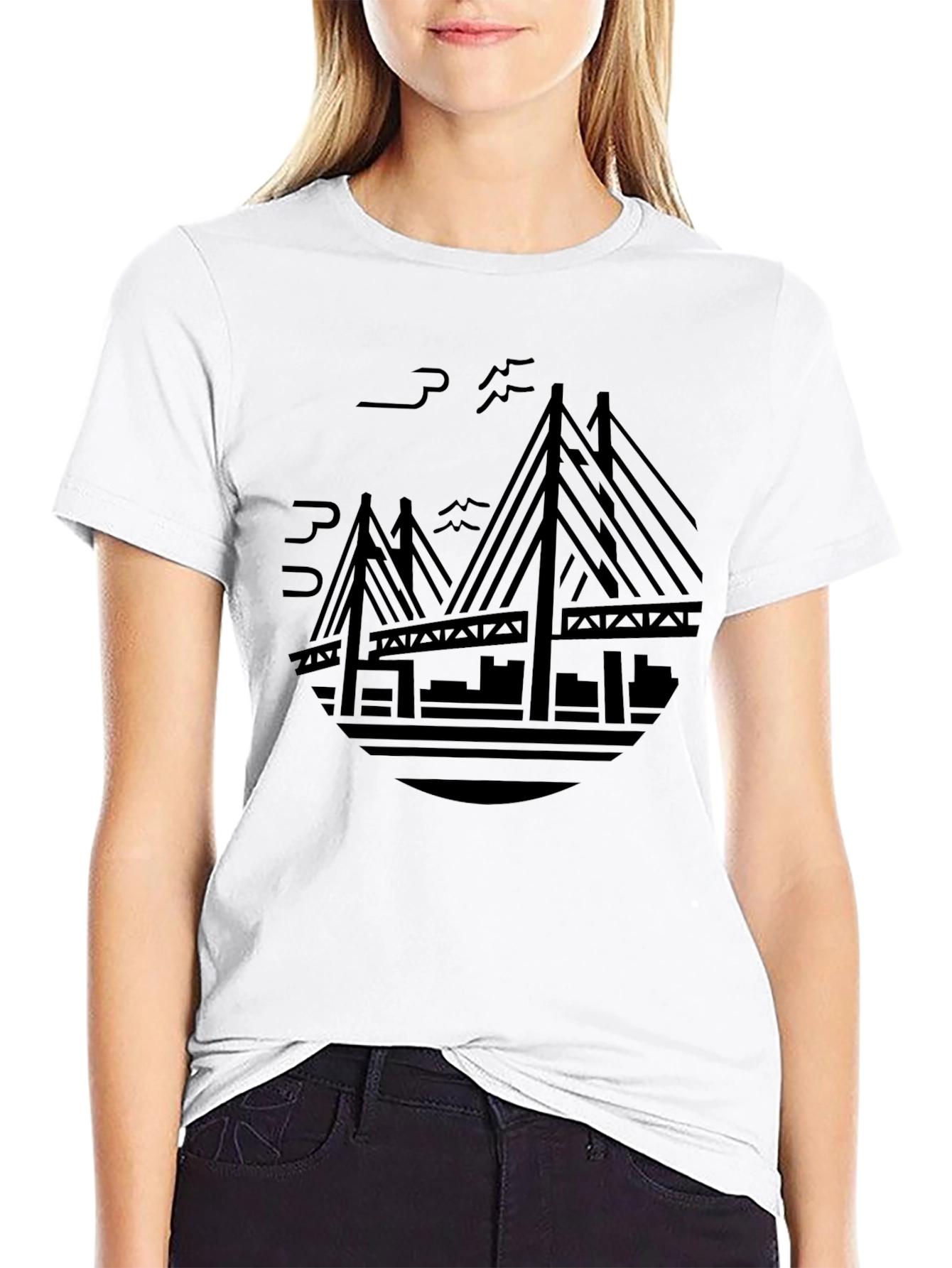 Black T-Shirt with Cityscape Bridge Design