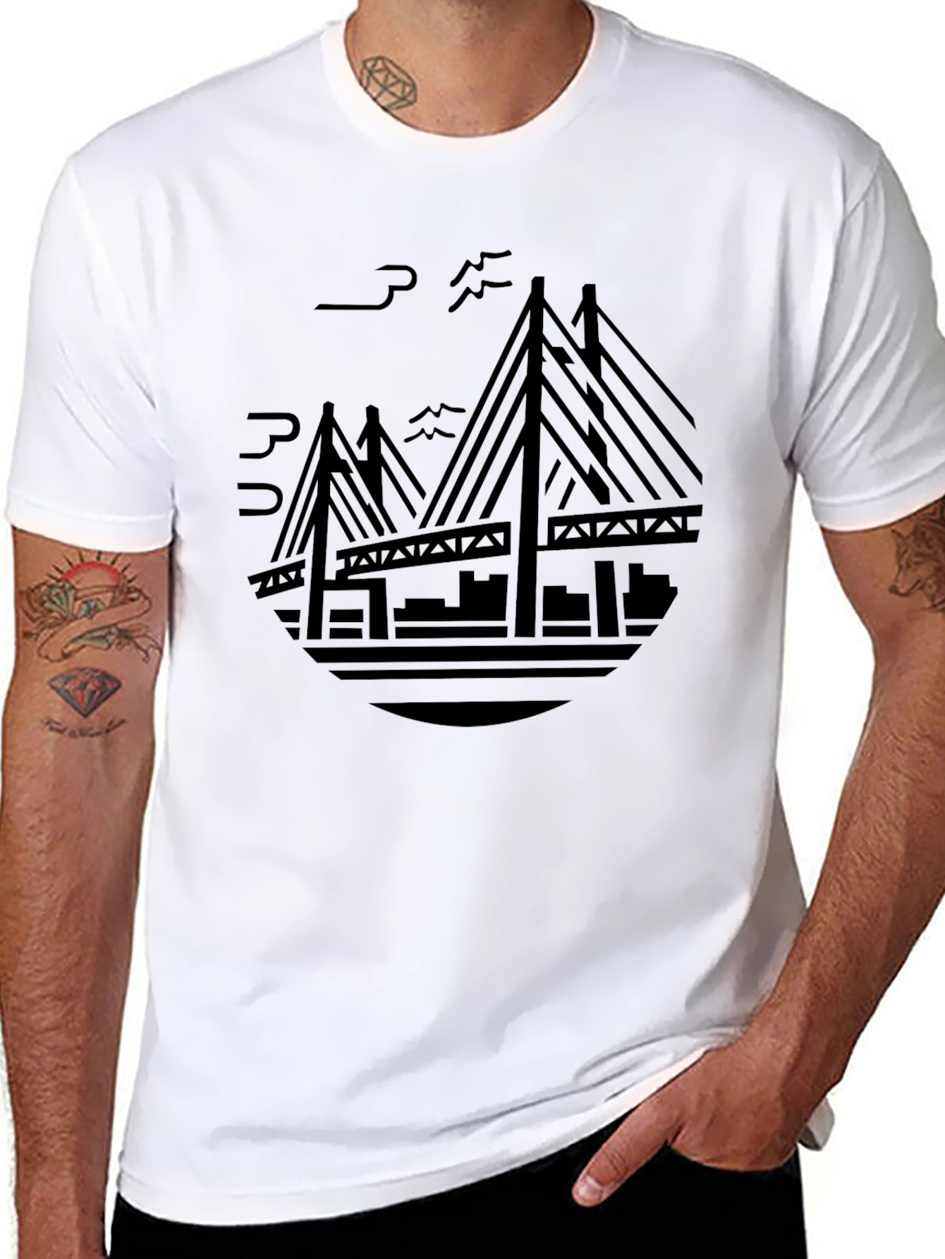 Black T-Shirt with Cityscape Bridge Design