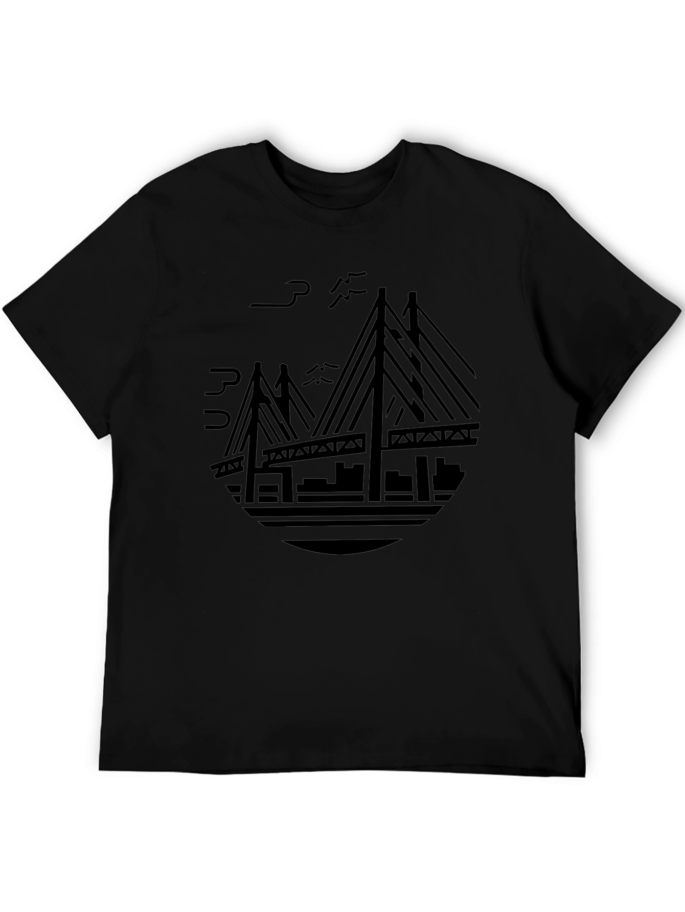 Black T-Shirt with Cityscape Bridge Design