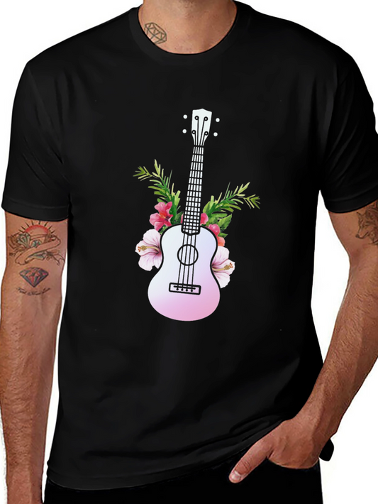 Tropical Ukulele Graphic Tee - Black Cotton T-Shirt
