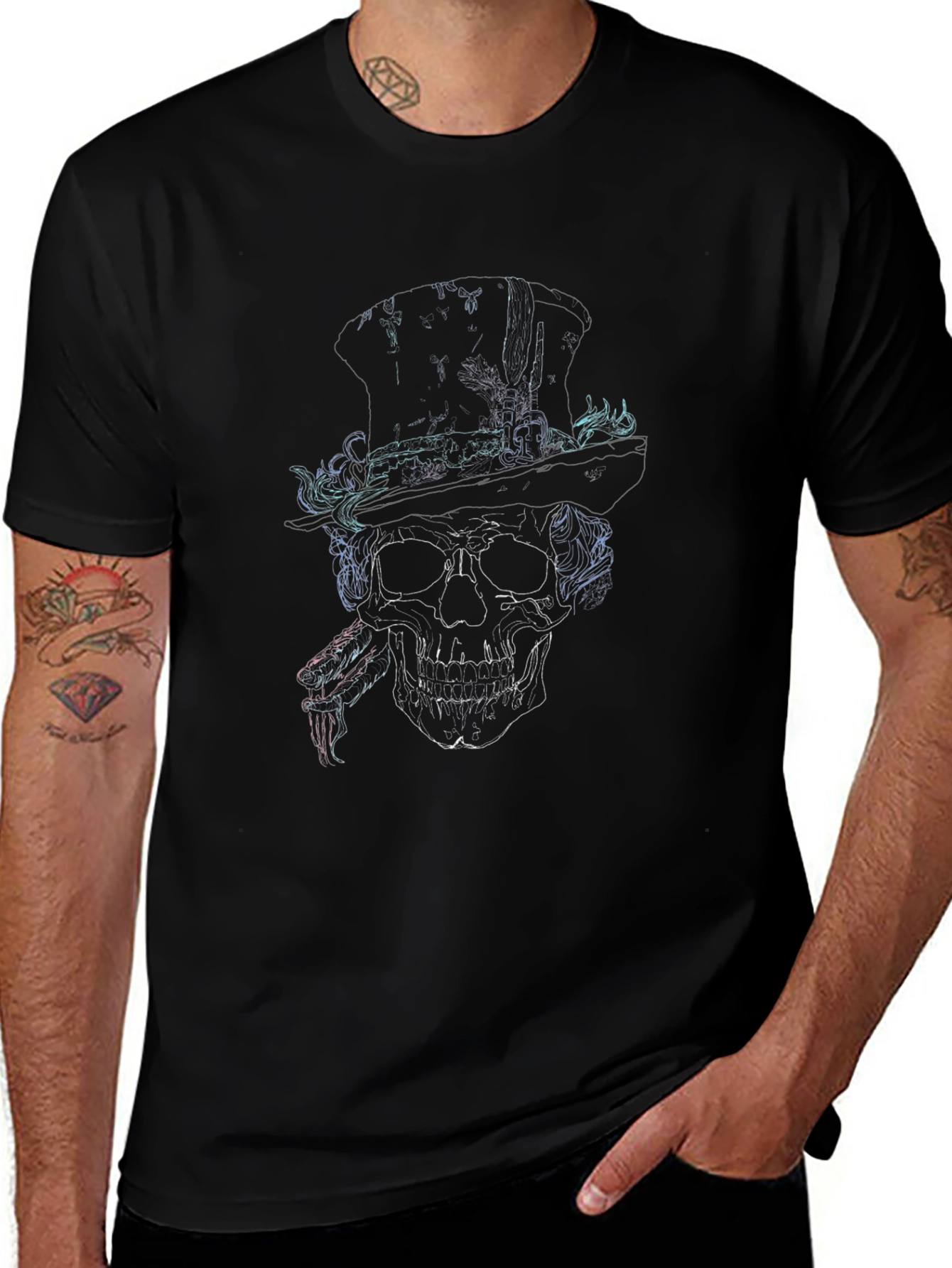 Skull in Top Hat Graphic Print T-Shirt