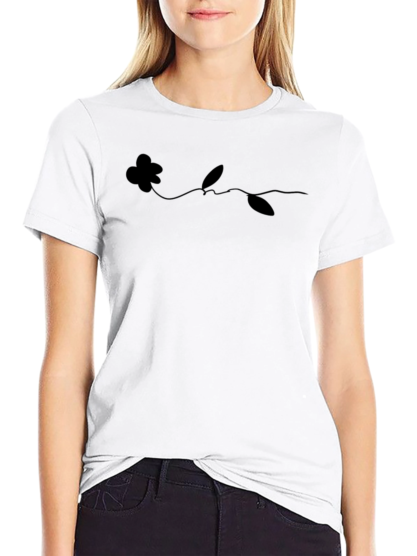 Minimalist Flower Line Art Black T-Shirt