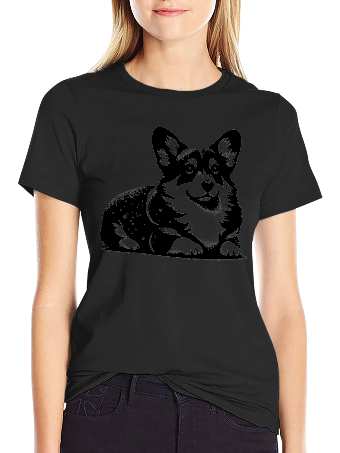 Corgi Dog Graphic Print Black T-Shirt