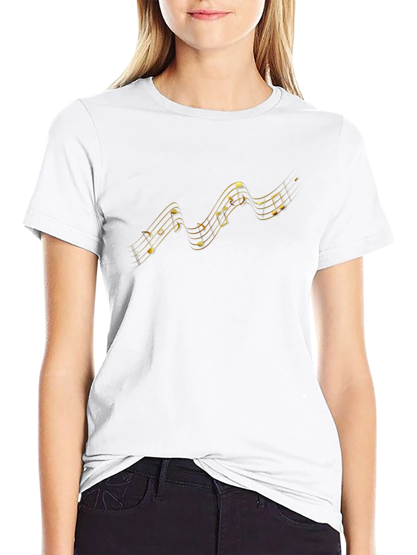 Golden Music Notes Graphic Black T-Shirt