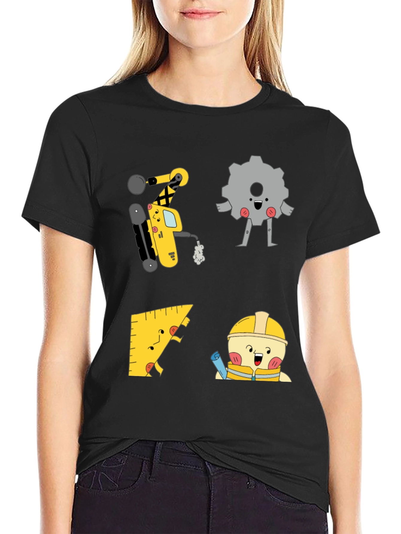 Engineer Cartoon Graphic Black T-Shirt