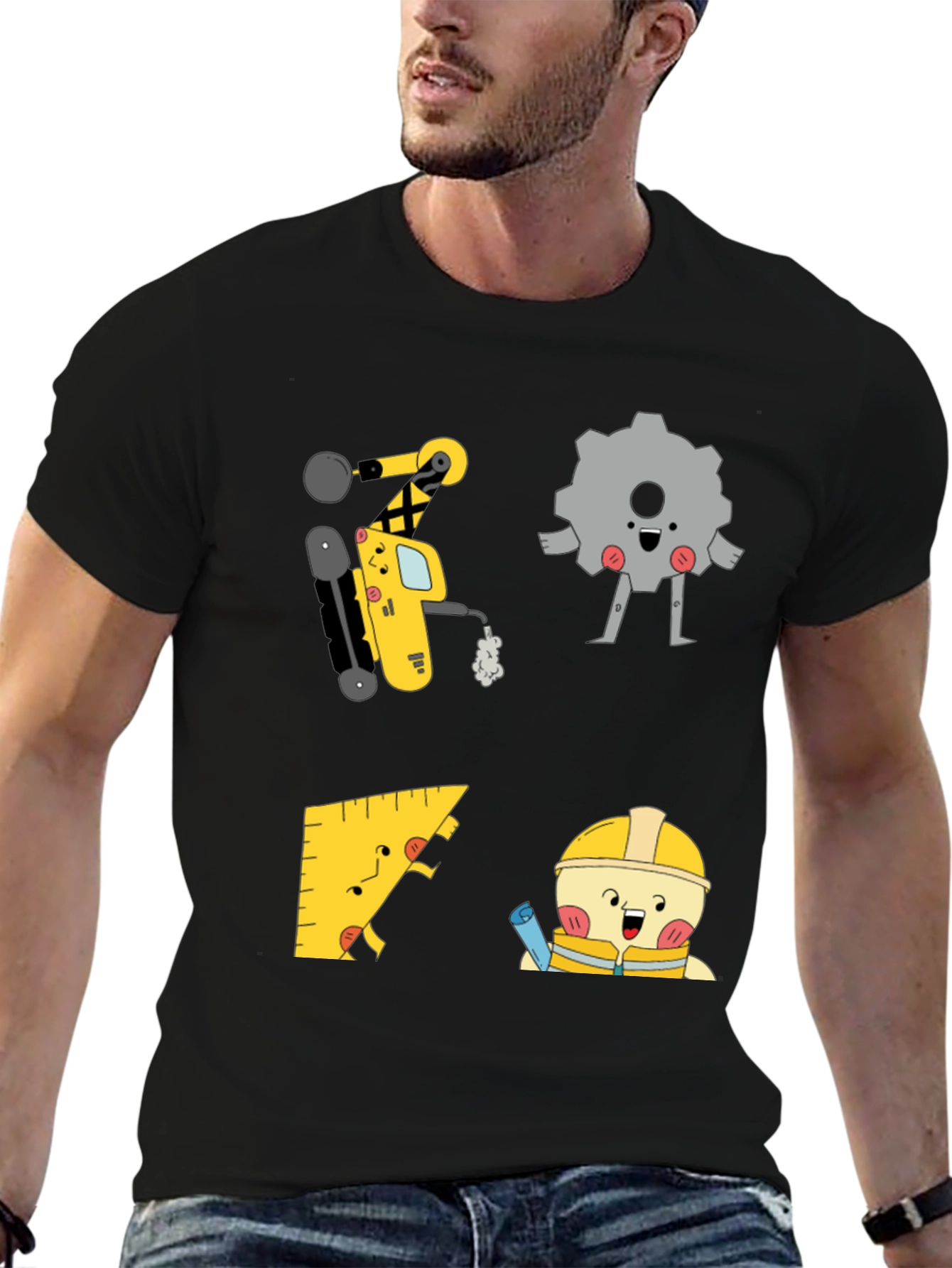 Engineer Cartoon Graphic Black T-Shirt