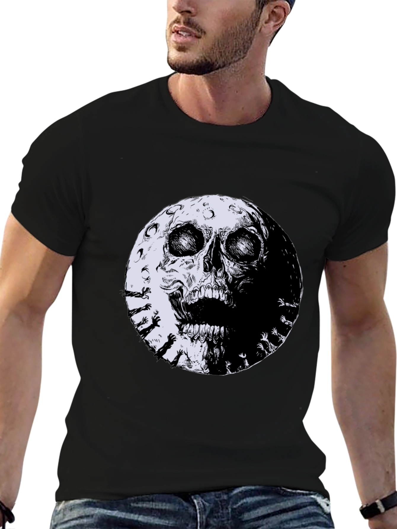 Skull Moon Graphic Tee - Black Cotton T-Shirt