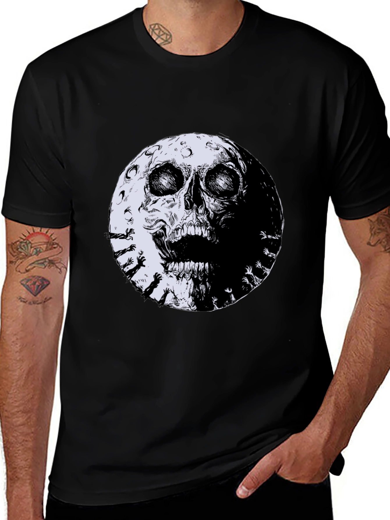 Skull Moon Graphic Tee - Black Cotton T-Shirt
