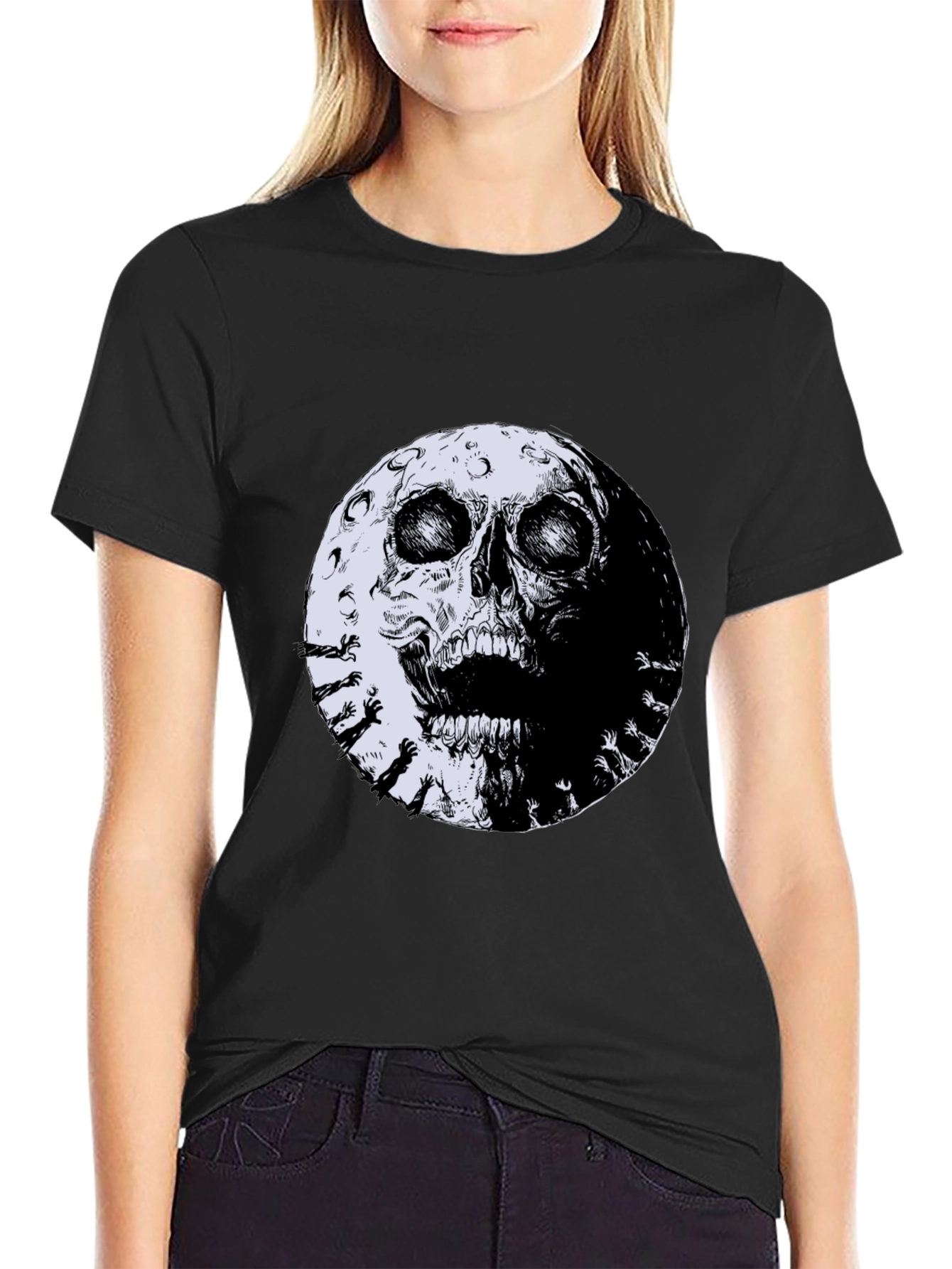Skull Moon Graphic Tee - Black Cotton T-Shirt