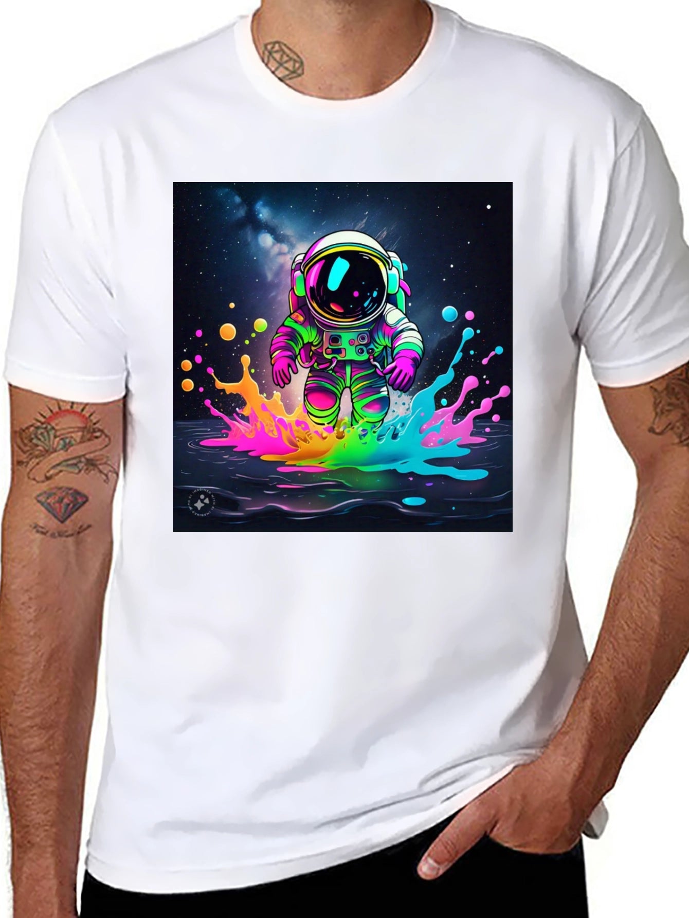 Astronaut Splash T-Shirt - Vibrant Space Art Tee