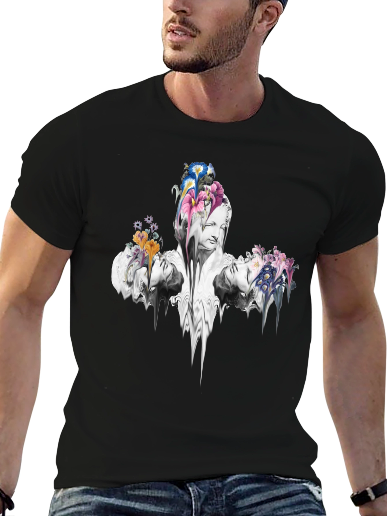Floral Statue Graphic Tee - Modern Art Shirt