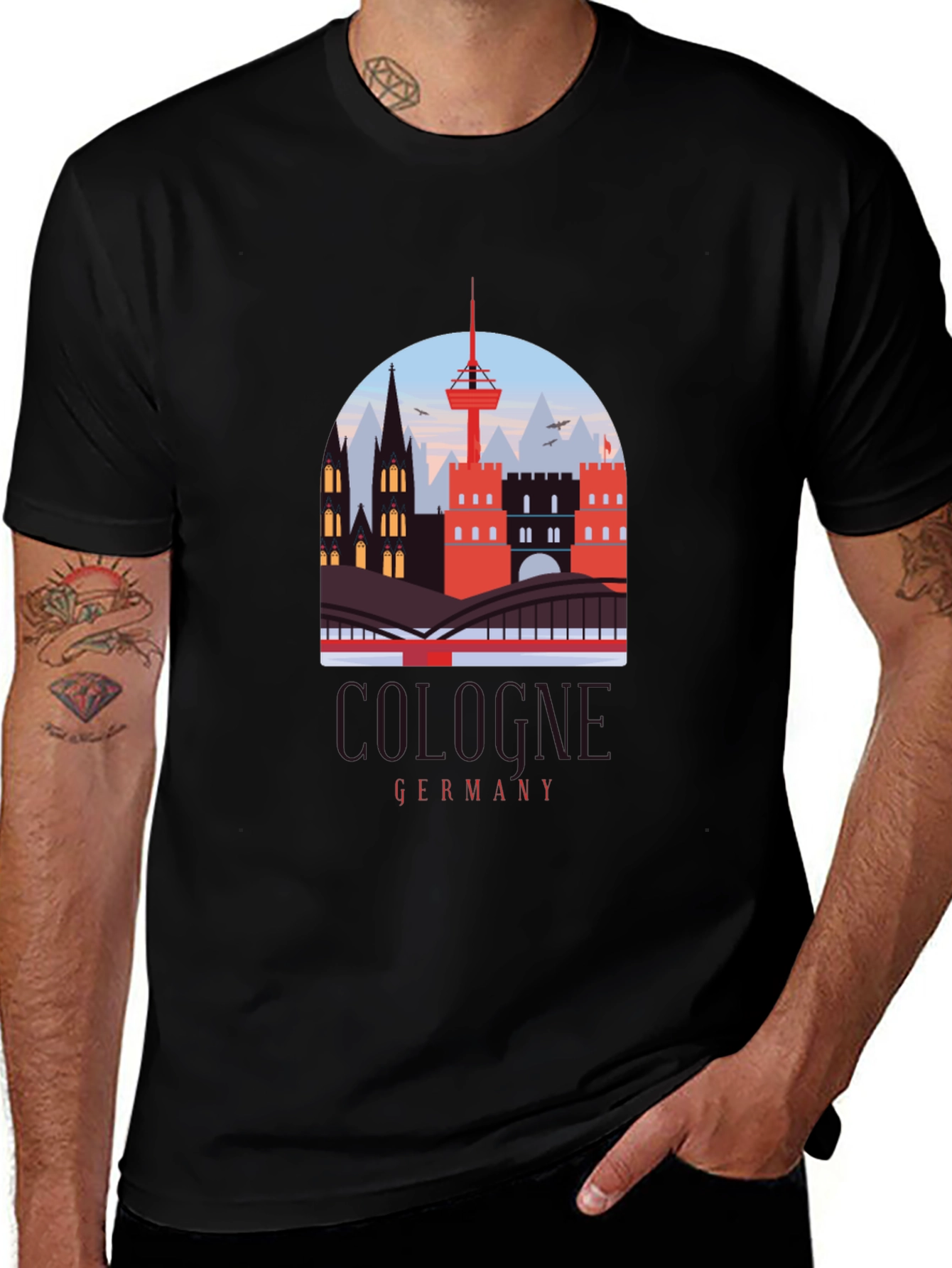 Cologne Germany Cityscape Graphic Tee - Black