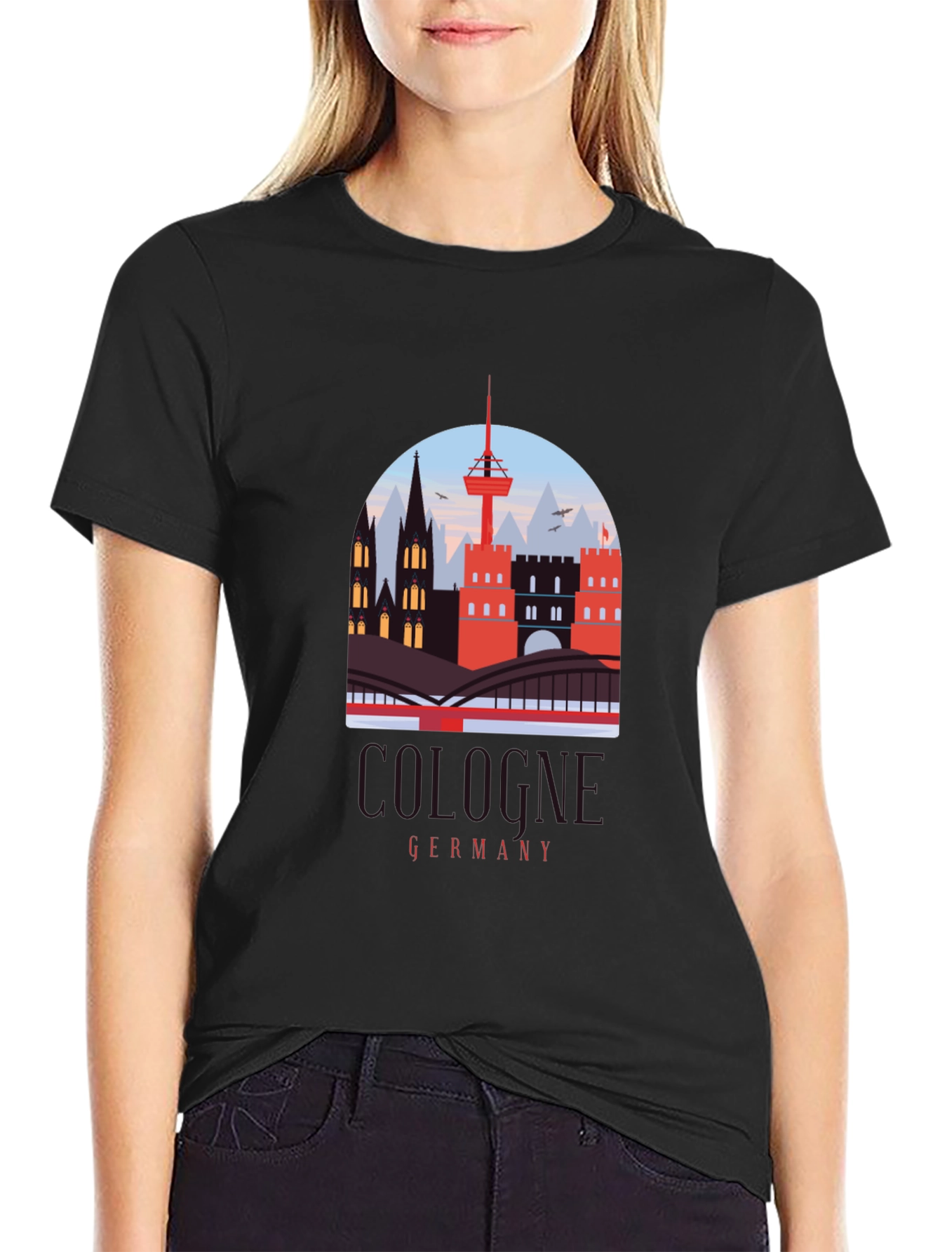 Cologne Germany Cityscape Graphic Tee - Black