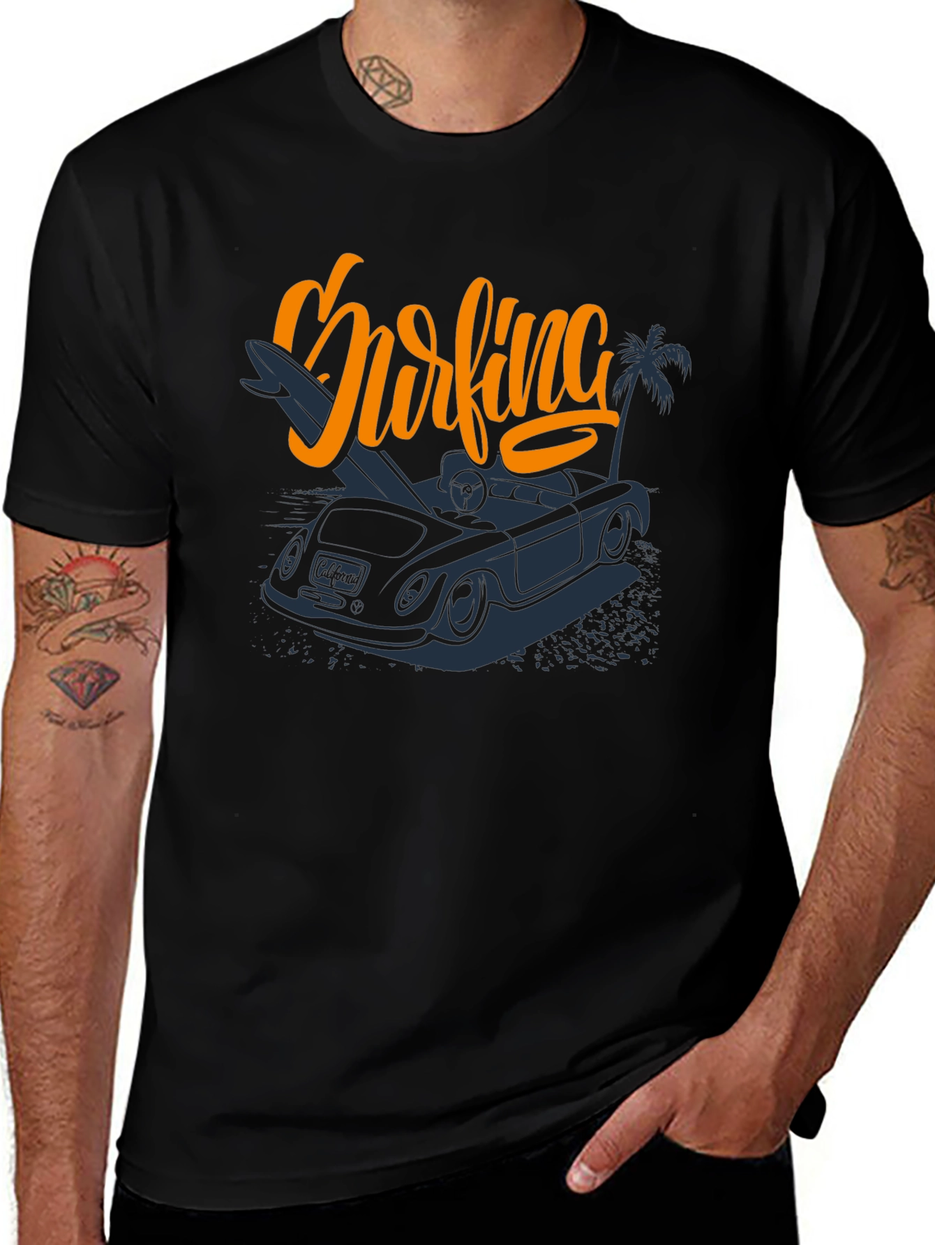 Surfing Car Graphic Tee - Mens Black T-Shirt