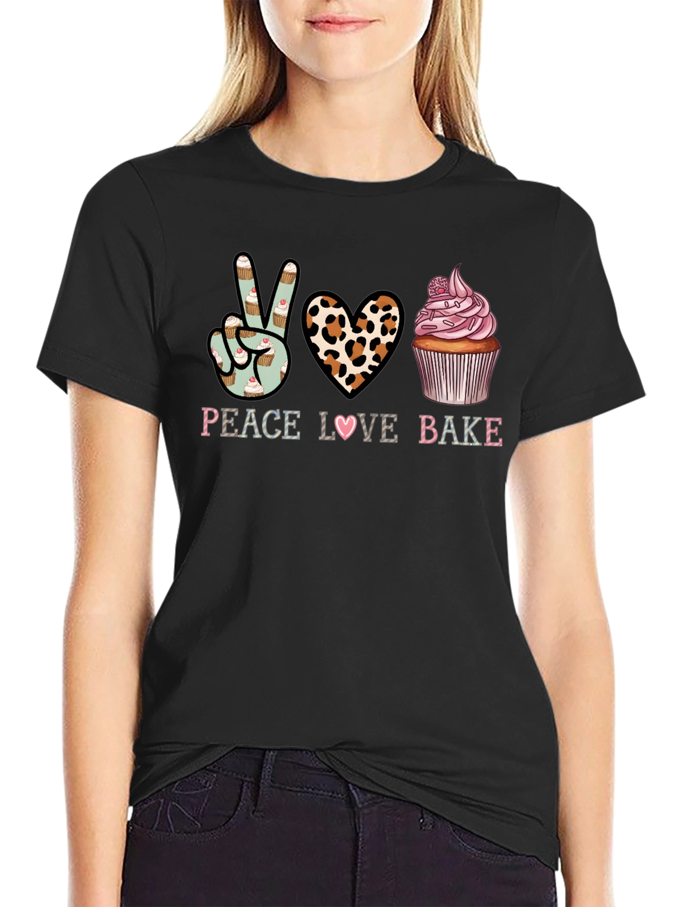 Peace Love Bake T-Shirt - Cupcake Design