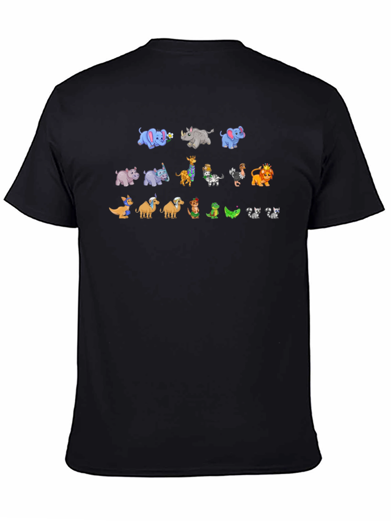 Cartoon Animals on Black Crewneck T-Shirt
